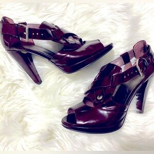 NINE WEST - Antonela Burgundy Wine Patent Leather Peep Toe Strappy Heels - Sz 6